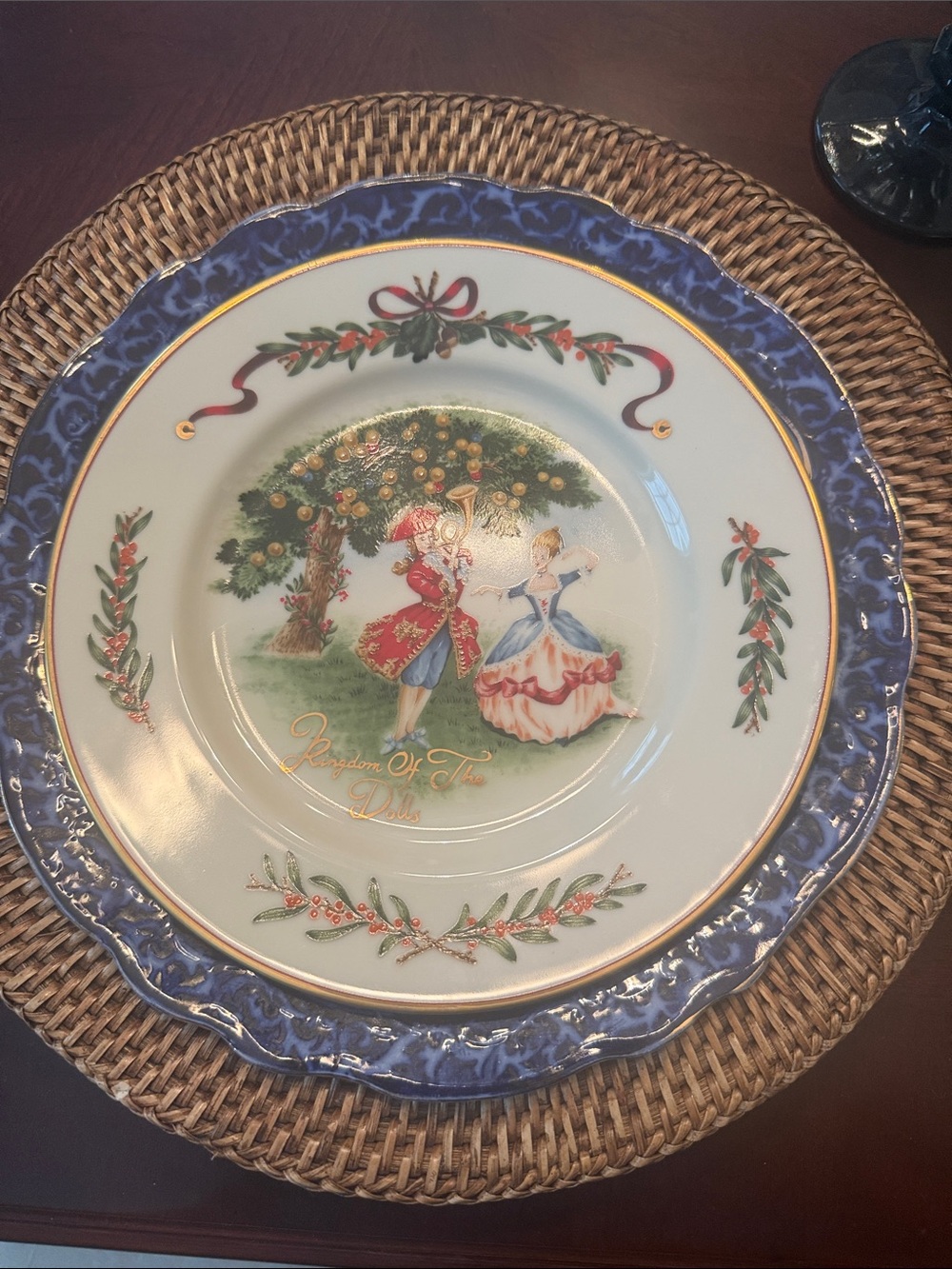 Festive Blue and Gold Decorative Dinner Plate with Holiday Scene
